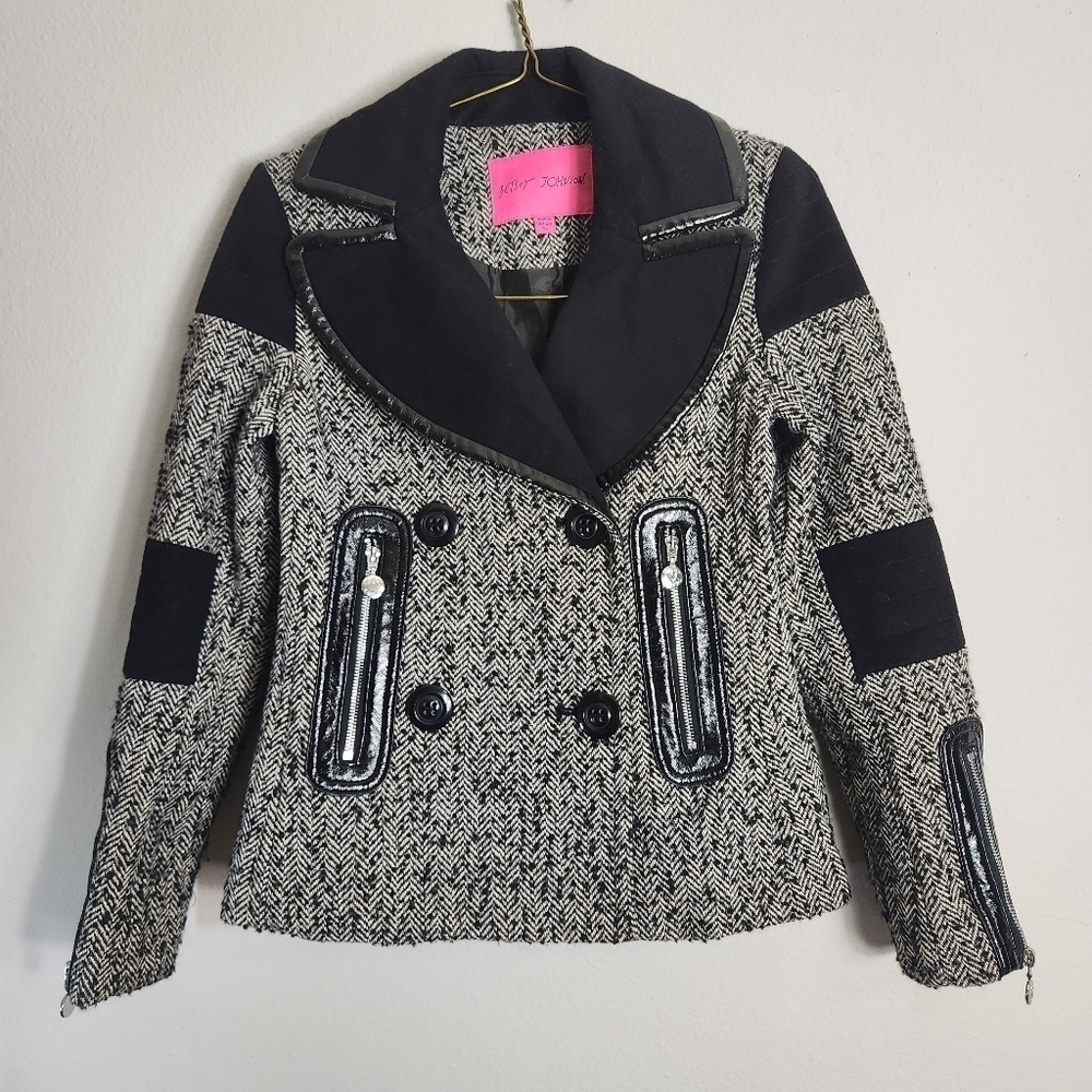 Betsey Johnson Womens Black/Ivory Tweed Double Breasted Peacoat-Size XS
